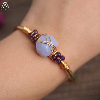 Natural Fluorite Stone Chunky Beads Open Cuff Bangles Women Amethysts Quartz Chip Beads Wire Wrap Gold Copper Bracelet Jewelry