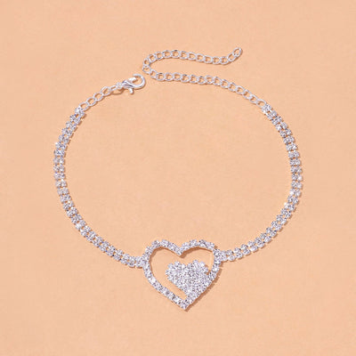 Silver Color Rhinestone Double Heart Anklet