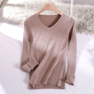 v-neck solid autumn winter Sweater - Khaki / One Size