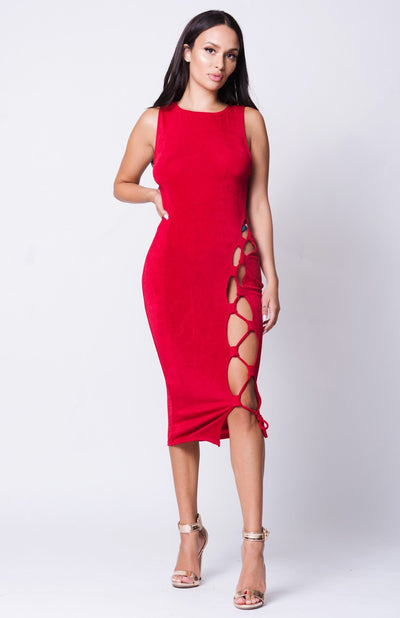 Lace Up Solid Midi Dress - RED / S - RED / M - RED / L
