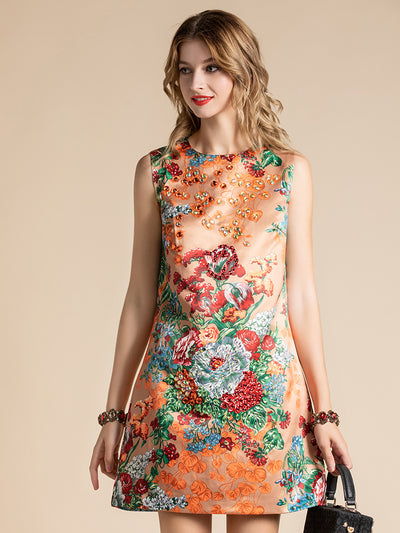 Sleeveless Elegant Floral Print Crystal Beading A-Line Short Dress vestido
