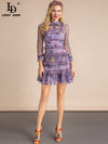 Turn-down Collar Mesh polka dot Purple Printed Vintage Party Short Dress