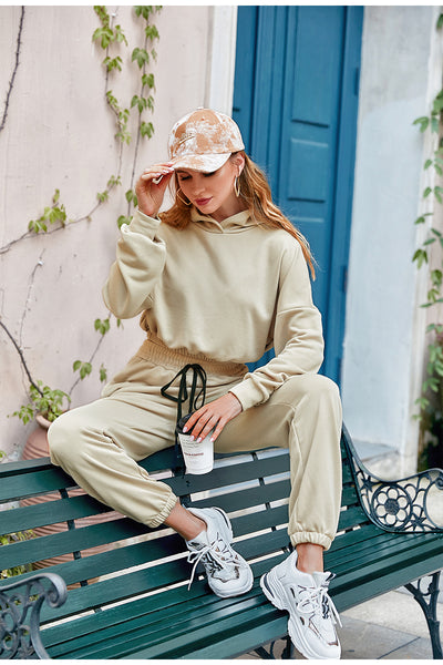 Casual batwing sleeve hooded crop top tracksuit Elastic waist lace up hoodie pant sets - Drop shoulder two-piece set