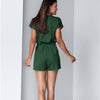 Casual Jumpsuit Summer V-neck Lace Stitching Short Sleeve Jumpsuit Pure Color Elastic Waist Office Ladies Clothes