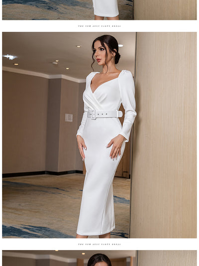 White Long Sleeve Midi Club Dress Sexy V Neck Fashion Sashes Celebrity Evening Party Dresses