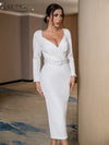 White Long Sleeve Midi Club Dress Sexy V Neck Fashion Sashes Celebrity Evening Party Dresses