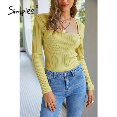 Simplee Holiday square collar skinny women&#39;s autumn sweater  Office sheath female pullover short  Casual soft ladies jumper