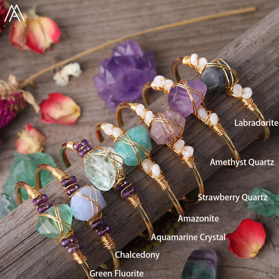 Natural Fluorite Stone Chunky Beads Open Cuff Bangles Women Amethysts Quartz Chip Beads Wire Wrap Gold Copper Bracelet Jewelry