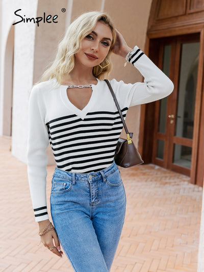Simplee Elegant chain hollow out striped v-neck women sweater spring Casual long sleeve female pullover Vintage slim fashion top