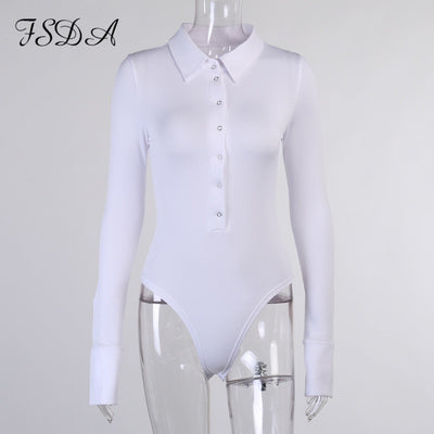 FSDA Long Sleeve Black Bodysuit Sexy Women  V Neck Button Skinny Casual Romper Autumn Winter White Body Tops