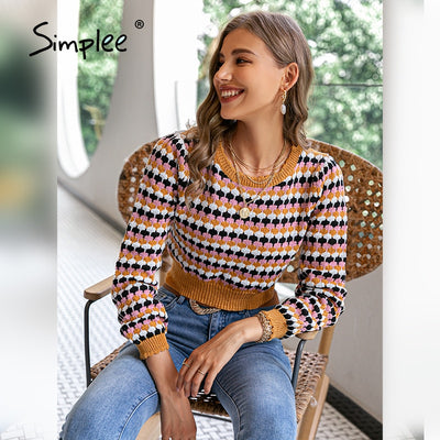 Ethnic stripes o-neck geometric pattern short Pullover Sweater