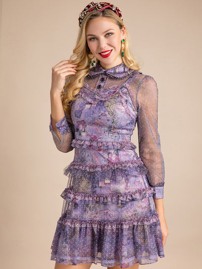 Turn-down Collar Mesh polka dot Purple Printed Vintage Party Short Dress