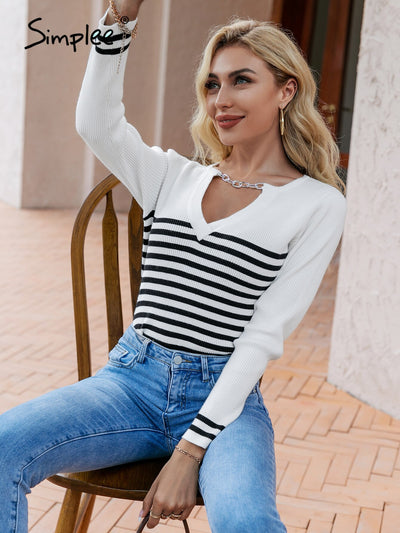 Simplee Elegant chain hollow out striped v-neck women sweater spring Casual long sleeve female pullover Vintage slim fashion top