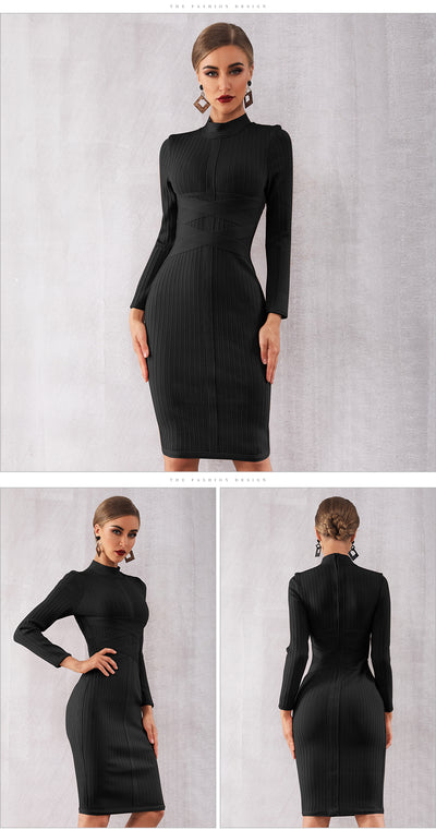Long Sleeve Midi Club Dress Vestidos Black Celebrity Evening Party Dress