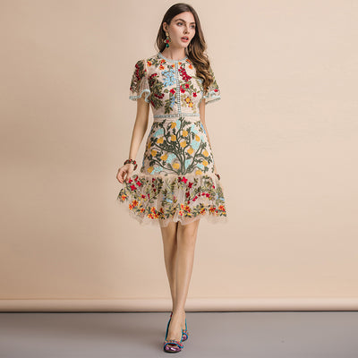 Flare Sleeve Floral Embroidery Elegant Mesh Hollow Out Midi Dresses