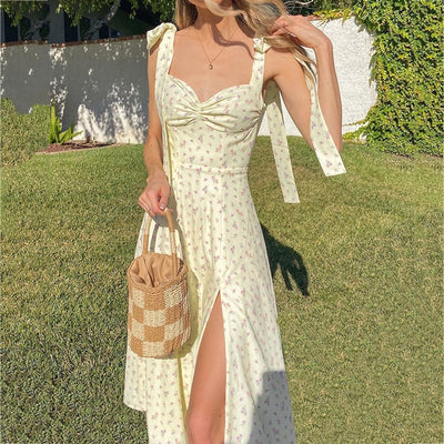 Floral Print  Sleeveless Strap Backless Elegant Split Dress