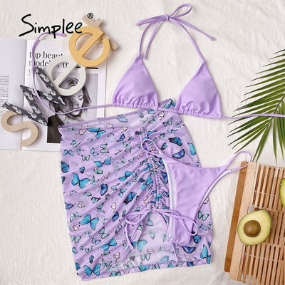 Simplee 3-piece high waist mesh swimsuit Sexy triangle bikini set Butterfly print swimwear women String halter bathing suit