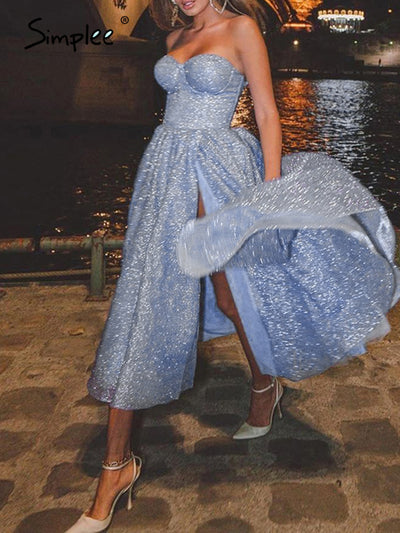 Strap corset sequin long pleated split blue vestidos tube frills dress