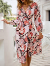 Floral print lace-up v-neck lantern sleeve sash wrap dress - Beach maxi vestido