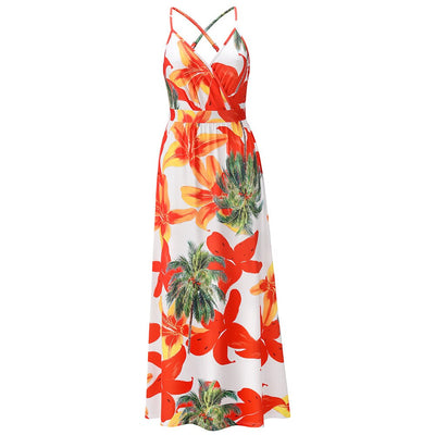 Fashion Bohemian Floral Long Dress Woman Maxi Dress Sexy Deep V-neck Print Beach Backless Dresses For Women Summer Sundress