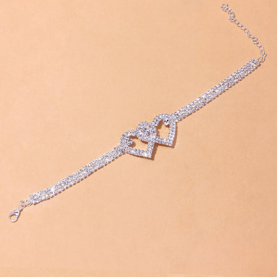 Silver Color Rhinestone Double Heart Anklet