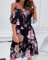 Summer Elegant Women Floral Print Chiffon Dress Vacation Casual Femme Cold Shoulder Ruffle Hem  Short Sleeve Midi Dress