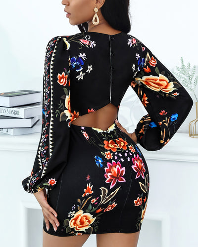 Women Slim Fit Leisure Casual Bodycon Mini Dress Female Cutout Back Bishop Sleeve Floral Dress Party Clubwear Print Dre Vestidos