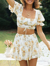 Two-piece Ruffle lace-u,p crop top , floral short sleeve skirt set