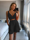2022 Summer Set For Women Sexy Deep V Neck Backless Crop Top + Casual Loose High Waist Shorts Pocket 2 Piece Suits Woman Outfit