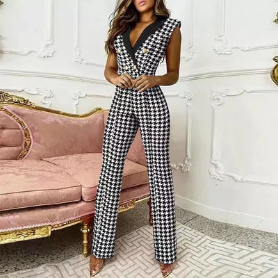 Red Houndstooth Print Wide Leg Jumpsuits