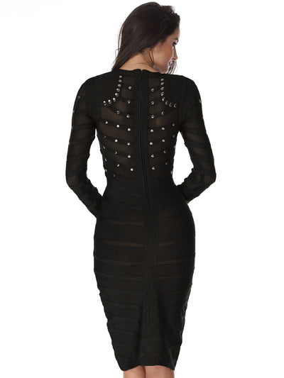 Black Lace Bandage Dress Autumn Midi Long Sleeve Sexy Mesh Bead Bodycon Club Celebrity Party Club Dresses