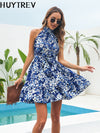 Fashion Sexy Halter Print Mini Dress For Women Summer Casual Floral Belt Boho Beach Vacation Sundress Slim A-line Dresses Woman