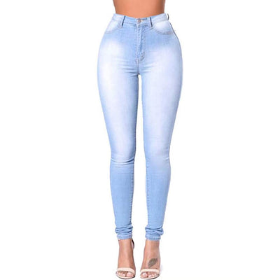 High Waist Stretch Skinny Jeans - Blue Retro Washed Elastic Slim Pencil Trouser