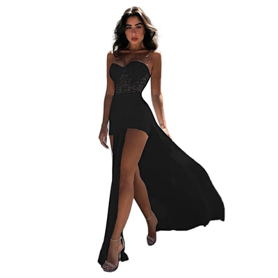Yitimoky Fashion Sexy Black White Lace Strapless High Split Evening Party Dresses Women High Waist Long Maxi Nightclub Dress