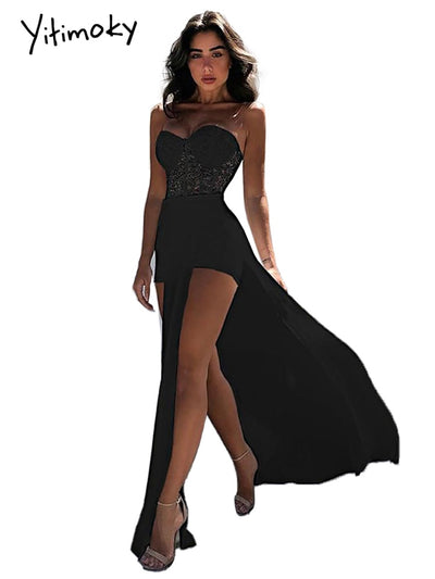 Yitimoky Fashion Sexy Black White Lace Strapless High Split Evening Party Dresses Women High Waist Long Maxi Nightclub Dress