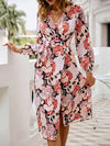 Floral print lace-up v-neck lantern sleeve sash wrap dress - Beach maxi vestido