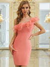 New Summer Pink One Shoulder Bandage Dress Women Sexy Ruffles Sleeveless Mesh Vestidos Club Celebrity Evening Party Dress