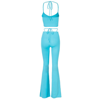 High Waist Flare Two-Piece Set - Solid Casual Fitness Tracksuit Crop Tops Sporty Suit