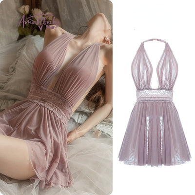 White Mesh Hanging Neck Fairy Backless Tulle Nightdress