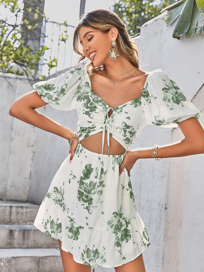 Hollow out puff sleeve lace up print green corset dress