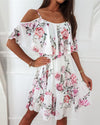 Summer Elegant Women Floral Print Chiffon Dress Vacation Casual Femme Cold Shoulder Ruffle Hem  Short Sleeve Midi Dress