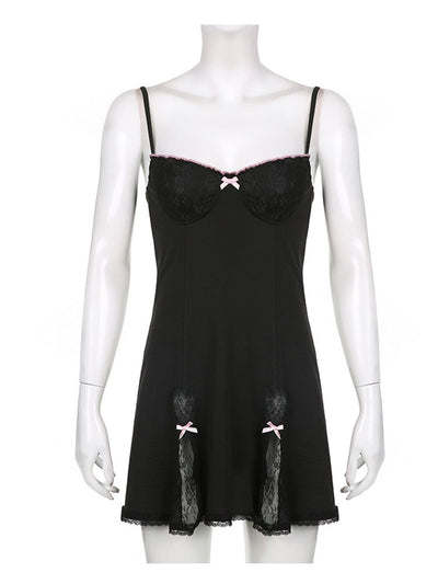 Retro Lace Patchwork Strap Bow Black Dress
