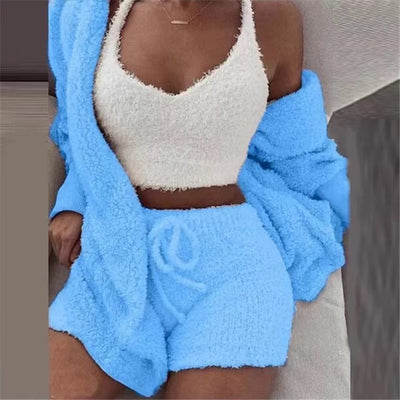 3 Piece Fluffy Plush Backless Fleece Pyjamas Sets
