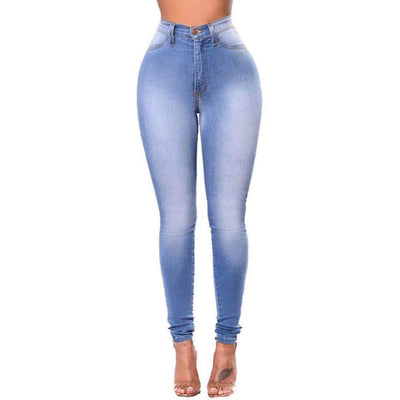 High Waist Stretch Skinny Jeans - Blue Retro Washed Elastic Slim Pencil Trouser