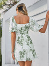 Hollow out puff sleeve lace up print green corset dress