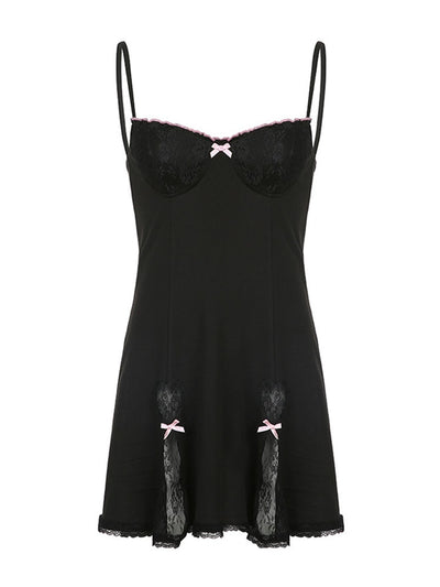 Retro Lace Patchwork Strap Bow Black Dress
