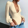 Spring Fashion V Neck Bodysuit, Long Sleeve Body Tops Female Puff Sleeve Bodycon