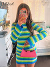 FSDA Stripe Knit Women Beach Dress Bodycon Backless Long Sleeve Green Y2K Casual Summer Holiday Sexy Dresses Party Mini