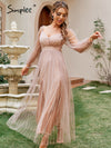 Elegant v-neck see through tulle Lantern sleeves, high waist pink dresses