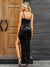Simplee Sexy v-neck sequined long dress women summer black Spaghetti strap split dresses Elegant slim solid party vestido female